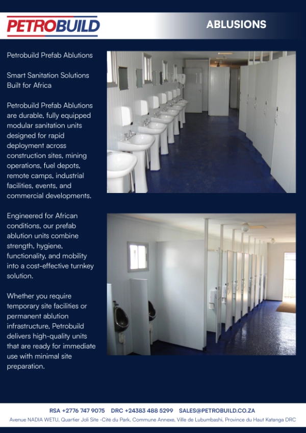 Interior of PetroBuild prefabricated camp ablutions with toilets, basins and private cubicles