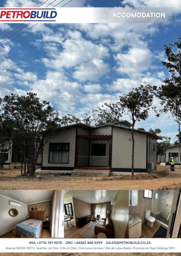 etroBuild prefabricated camp accommodation with exterior and furnished bedroom views