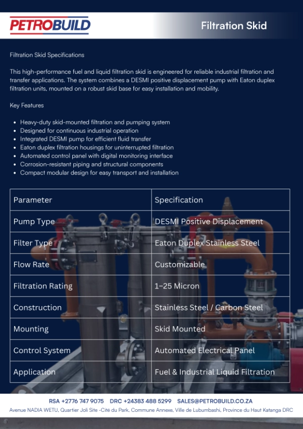 Fuel filtration skid with duplex filters, transfer pump and automated control system for industrial fuel management