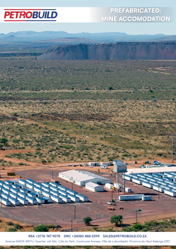 Large prefabricated mining accommodation camp in a remote African landscape