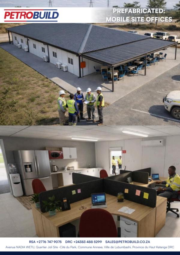PetroBuild prefabricated mobile site offices with exterior and furnished interior views