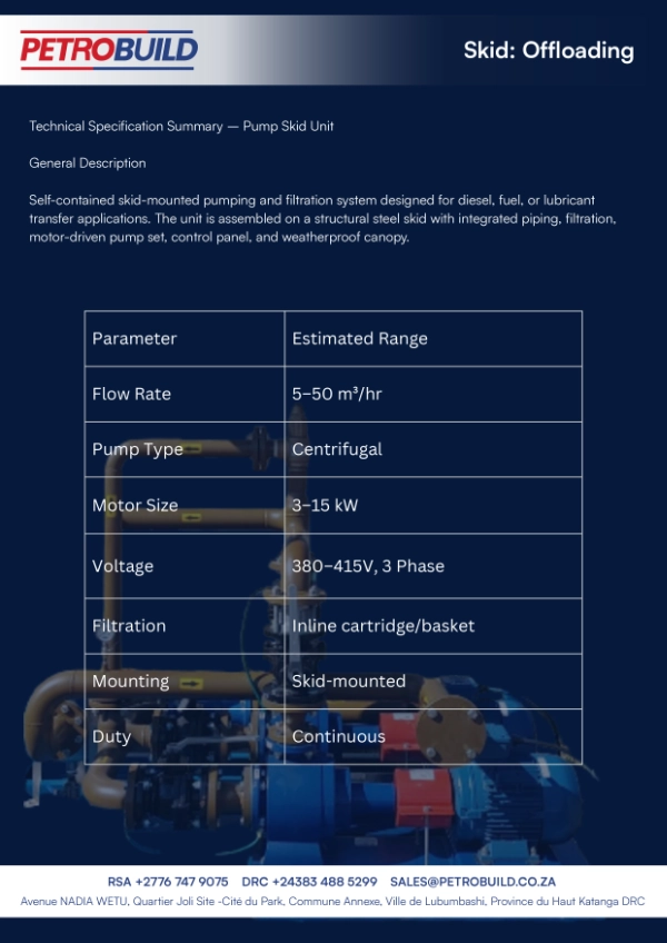 Fuel offloading skid with integrated pumping, filtration and fuel transfer system for industrial applications