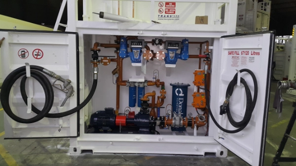 Fuel transfer pump system with pipework, valves and pressure gauges