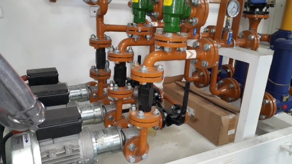 Industrial fuel pumps connected to valves, gauges and engineered pipework